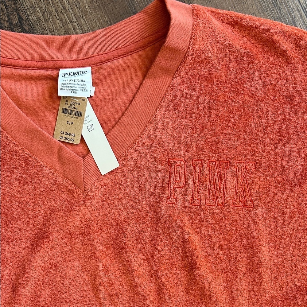 PINK Victoria’s secret Orange terry cloth V-Neck Pullover - Picture 2 of 3